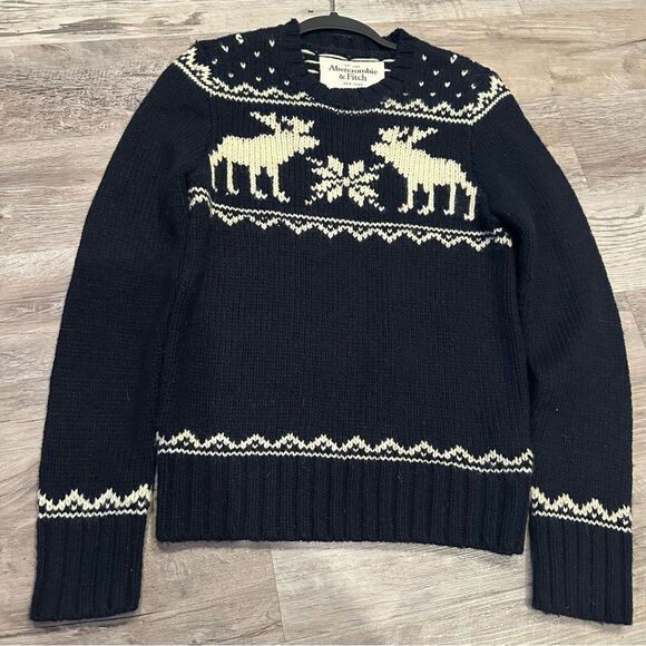 VTG ABERCROMBIE Sweater Mens Small Y2K Muscle Fit Pullover Wool Nordic Moose - Picture 1 of 8